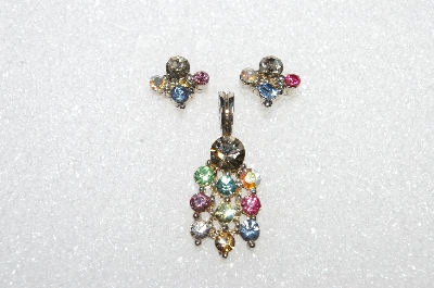 +MBA #E52-002     "Older Silvertone Multi Colored Crystal Rhinestone Pendant & Pierced Earrings"