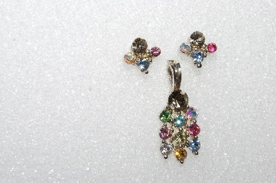 +MBA #E52-002     "Older Silvertone Multi Colored Crystal Rhinestone Pendant & Pierced Earrings"