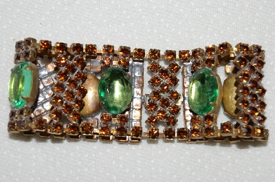 +MBA #E52-073   "Vintage Brown Crystal Rhinestone & Green Glass Stone Bracelet"