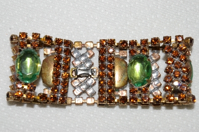 +MBA #E52-073   "Vintage Brown Crystal Rhinestone & Green Glass Stone Bracelet"