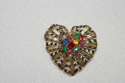 **MBA #E52-108   "Vintage Gold Plated Multi Colored Rhinestone & Faux Pearl Fancy Heart Pin"