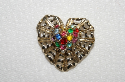 **MBA #E52-108   "Vintage Gold Plated Multi Colored Rhinestone & Faux Pearl Fancy Heart Pin"