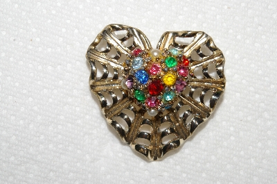 **MBA #E52-108   "Vintage Gold Plated Multi Colored Rhinestone & Faux Pearl Fancy Heart Pin"