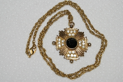 +MBA #E52-145   "Vintage Gold Plated Fancy Clear Crystal & Black Glass Stone Cross Pendant"