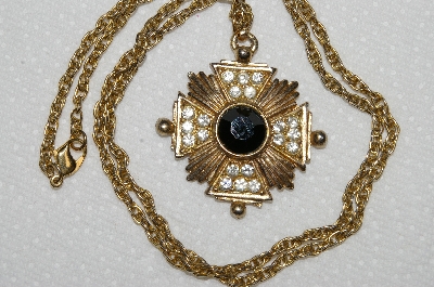 +MBA #E52-145   "Vintage Gold Plated Fancy Clear Crystal & Black Glass Stone Cross Pendant"