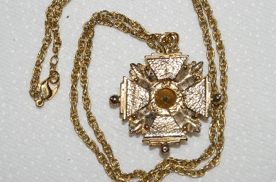 +MBA #E52-145   "Vintage Gold Plated Fancy Clear Crystal & Black Glass Stone Cross Pendant"