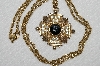 +MBA #E52-145   "Vintage Gold Plated Fancy Clear Crystal & Black Glass Stone Cross Pendant"