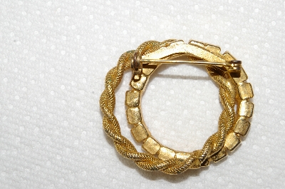 **MBA #E52-132   "Vintage Gold Plated Citrine Colored Rhinestone Double Circle Pin"