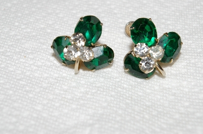 +MBA #E52-178   "Vintage Gold Tone Green & Clear Crystal Rhinestone Screw Back Earrings"