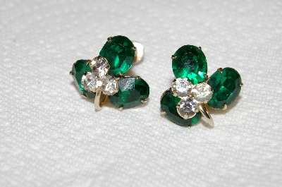 +MBA #E52-178   "Vintage Gold Tone Green & Clear Crystal Rhinestone Screw Back Earrings"