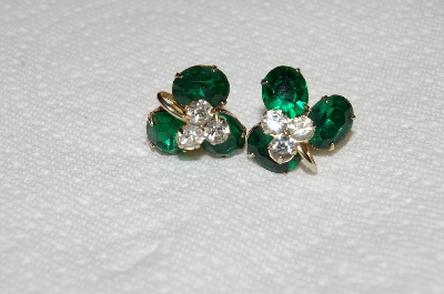 +MBA #E52-178   "Vintage Gold Tone Green & Clear Crystal Rhinestone Screw Back Earrings"