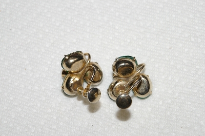 +MBA #E52-178   "Vintage Gold Tone Green & Clear Crystal Rhinestone Screw Back Earrings"