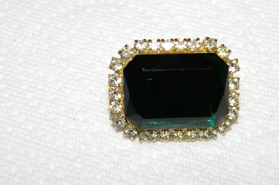 **MBA #E52-164   "Vintage Goldtone Green Acrylic & Clear Rhinestone Square Pin"