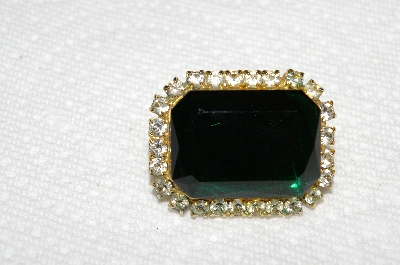 **MBA #E52-164   "Vintage Goldtone Green Acrylic & Clear Rhinestone Square Pin"