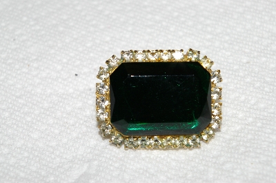 **MBA #E52-164   "Vintage Goldtone Green Acrylic & Clear Rhinestone Square Pin"