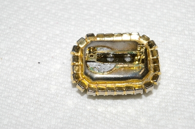 **MBA #E52-164   "Vintage Goldtone Green Acrylic & Clear Rhinestone Square Pin"