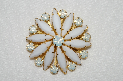 **MBA #E52-046   "Vintage Gold Tone White Acrylic Stone & Opal Crystal Rhinestone Pin"