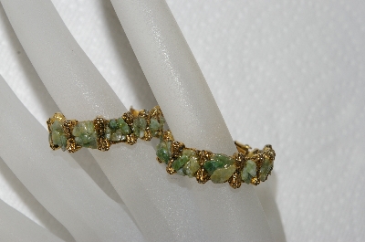 +MBA #E52-233  "Vintage  Oliveine Antiqued Gold Tone Green Polished Rock Hoop Earrings"