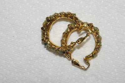 +MBA #E52-233  "Vintage  Oliveine Antiqued Gold Tone Green Polished Rock Hoop Earrings"