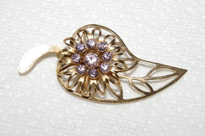 **MBA #E52-170   "Vintage Gold Tone Delicate Lavender Crystal Rhinestone Leaf Pin"