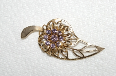 **MBA #E52-170   "Vintage Gold Tone Delicate Lavender Crystal Rhinestone Leaf Pin"