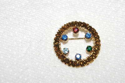 +MBA #E52-260   "Anson Multi Colored Rhinestones Gold Filled Round Pin"
