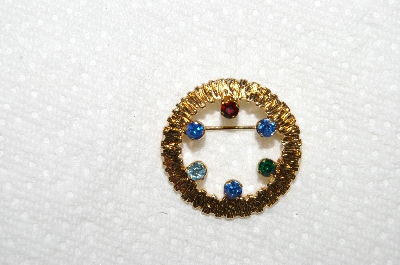 +MBA #E52-260   "Anson Multi Colored Rhinestones Gold Filled Round Pin"