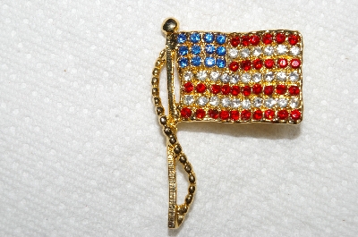 **MBA #E52-241   "Vintage Gold Plated Red, White & Blue Crystal Rhinestone Flag Pin"