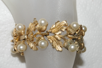 +MBA #E52-032   "Trifari Goldtone Faux Pearl Acorn Bracelet"