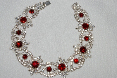 +MBA #E52-035   " 12" Vintage Silvertone Red & Clear Crystal Rhinestone Fancy Chocker"