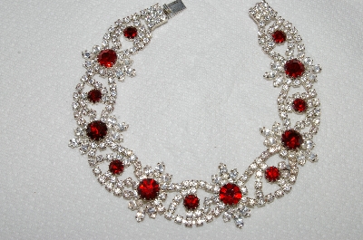 +MBA #E52-035   " 12" Vintage Silvertone Red & Clear Crystal Rhinestone Fancy Chocker"