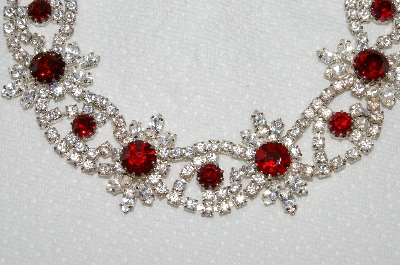 +MBA #E52-035   " 12" Vintage Silvertone Red & Clear Crystal Rhinestone Fancy Chocker"