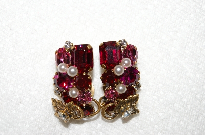 +MBA #E52-006   "Made In Austria Red & Pink Crystal Rhinestone Earrings"