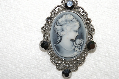 **MBA #E52-244  "Older Antiqued Silvertone Acrylic Cameo & Rhinestone Pin"