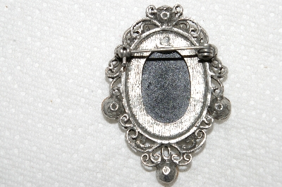**MBA #E52-244  "Older Antiqued Silvertone Acrylic Cameo & Rhinestone Pin"