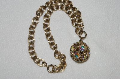 +MBA#E53-254   "Vintage Goldtone AB Crystal Ball Pendant & Chain"