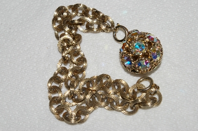 +MBA#E53-254   "Vintage Goldtone AB Crystal Ball Pendant & Chain"