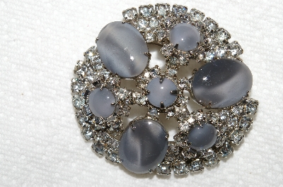 **MBA #E53-057   "Vintage Silvertone Fancy Grey Glass Stone & Clear Crystal Rhinestone Brooch"