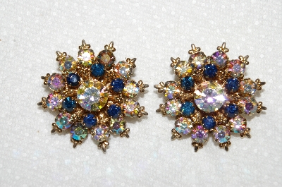 +MBA #E53-144   "Vintage Goldtone Very Fancy Blue & AB Crystal Rhinestone Clip On Earrings"