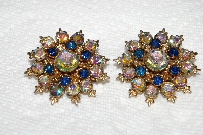 +MBA #E53-144   "Vintage Goldtone Very Fancy Blue & AB Crystal Rhinestone Clip On Earrings"