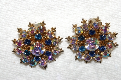 +MBA #E53-144   "Vintage Goldtone Very Fancy Blue & AB Crystal Rhinestone Clip On Earrings"