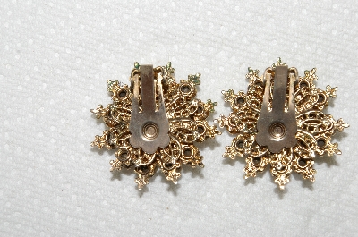 +MBA #E53-144   "Vintage Goldtone Very Fancy Blue & AB Crystal Rhinestone Clip On Earrings"