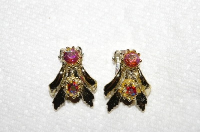 +MBA #E53-184   "Vintage Gold Tone AB Crystal Clip On Earrings"