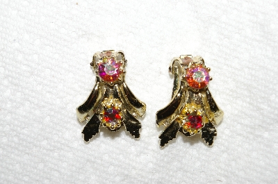 +MBA #E53-184   "Vintage Gold Tone AB Crystal Clip On Earrings"
