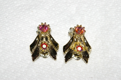 +MBA #E53-184   "Vintage Gold Tone AB Crystal Clip On Earrings"