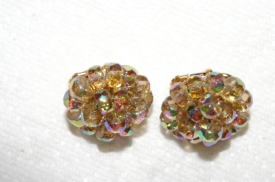 +MBA #E53-141  "Vogue Gold Tone Fancy AB Crystal Bead Clip On Earrings"