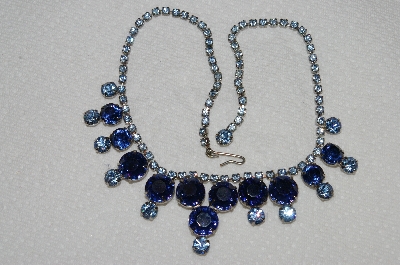 +MBA #E53-069   "Vintage Silvertone Blue Glass & Blue Crystal Rhinestone Choker"