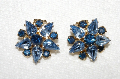 +MBA #E53-155   "Coro Gold Tone Fancy Blue Glass & Rhinestone Clip On Earrings"