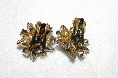 +MBA #E53-155   "Coro Gold Tone Fancy Blue Glass & Rhinestone Clip On Earrings"