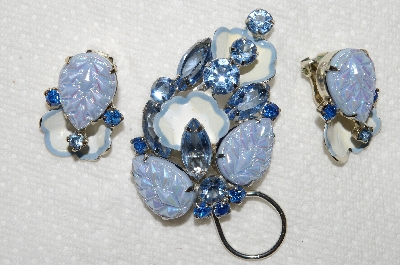 +MBA #E53-090   "Vintage Fancy Enameled  Blue Glass Stone & Rhinestone Floral Pin & Earring Set"